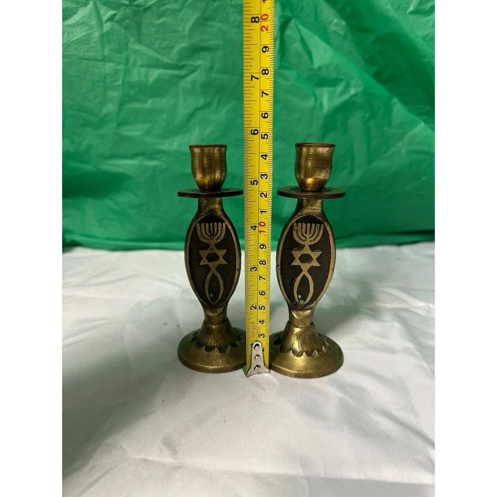 Vintage Brass Judaica Candle Holders Set of 2‎ Star of David Menorah